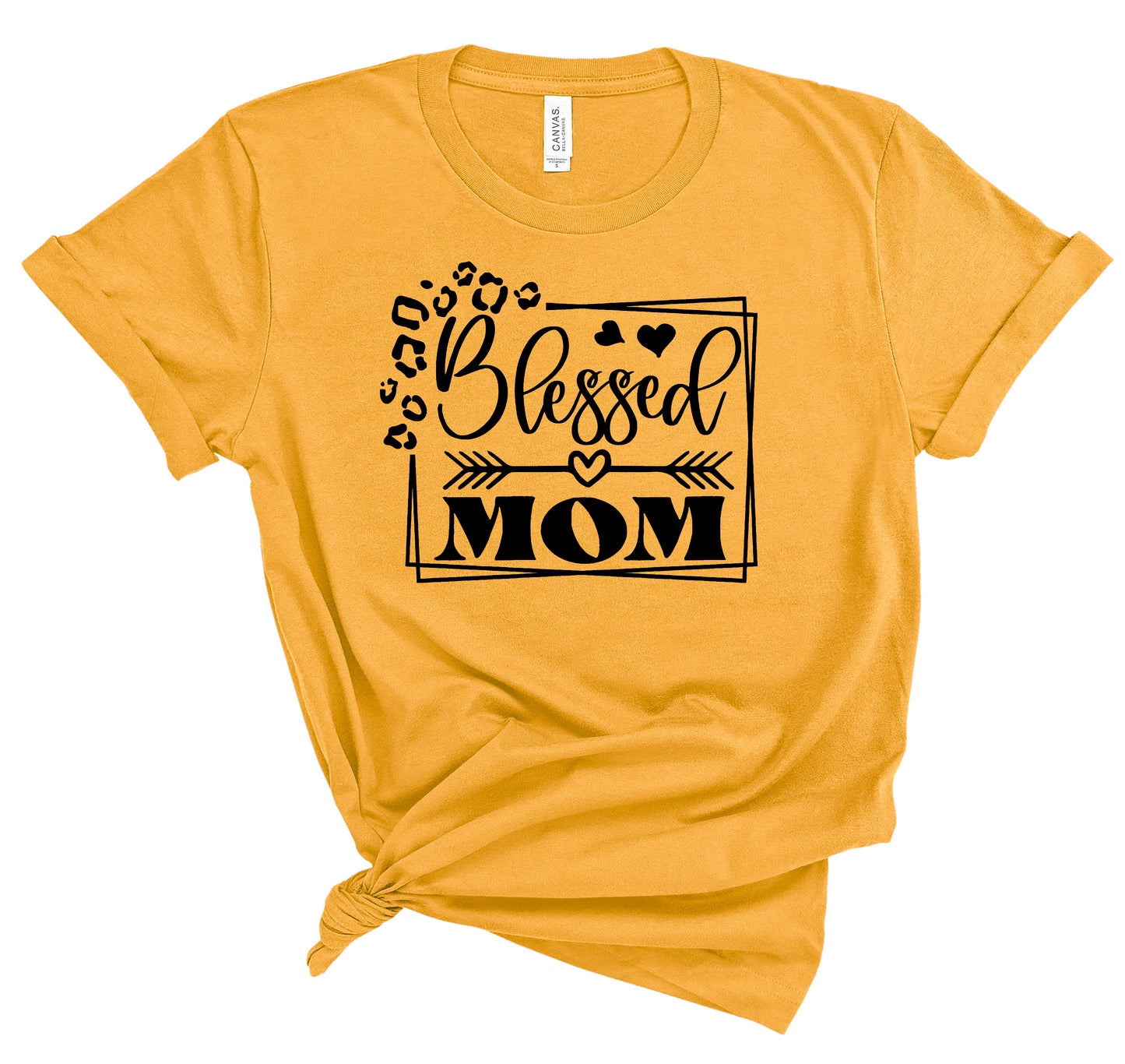 Gold tshirt with Blessed Mom graphic in black