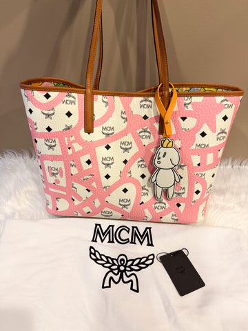 Pre-Loved MCM X Eddie Kang Pink and White Leather Shopper