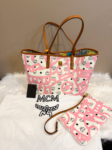 Pre-Loved MCM X Eddie Kang Pink and White Leather Shopper