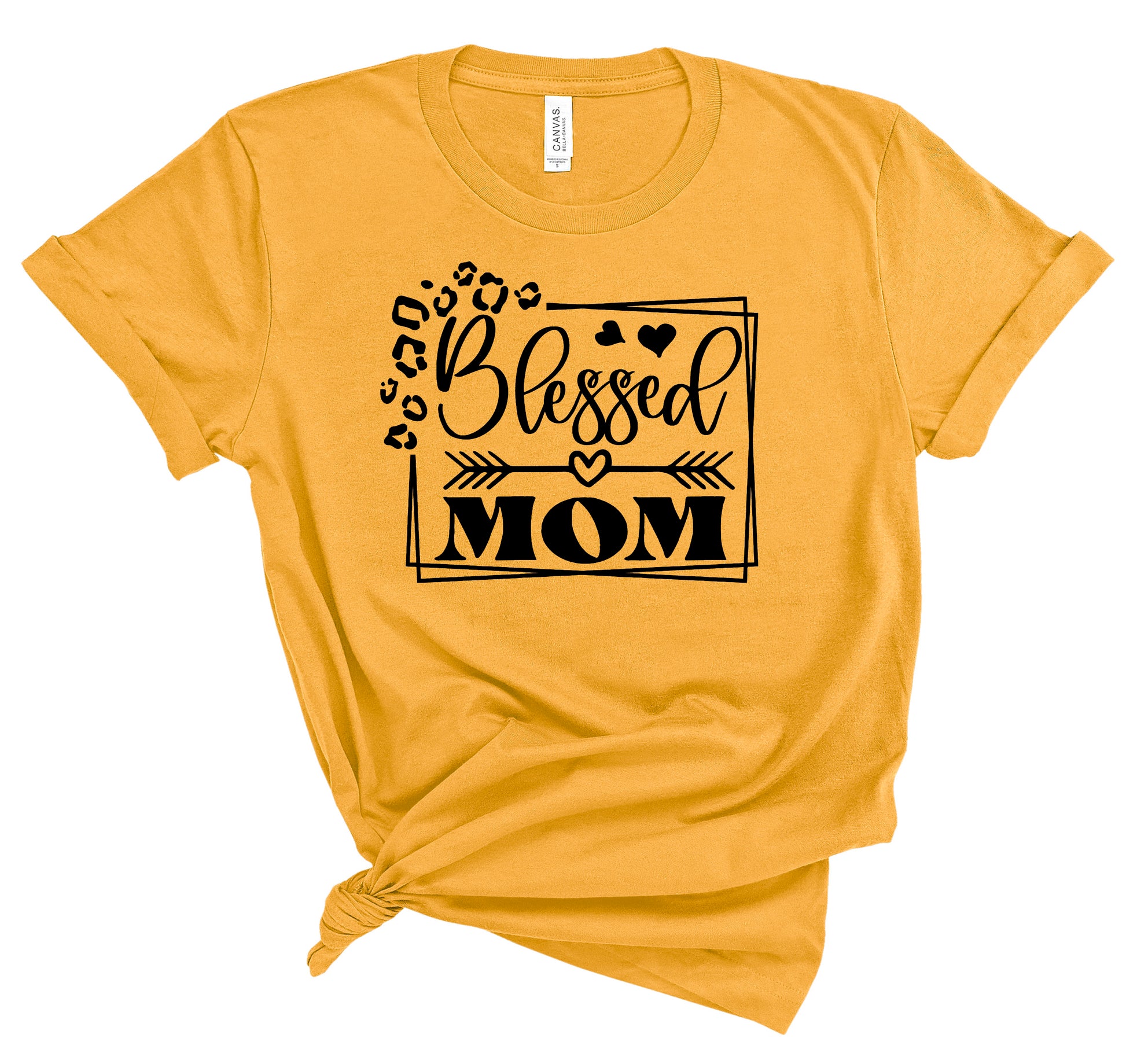 Gold tshirt with Blessed Mom graphic in black