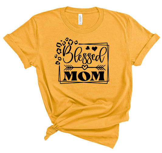 Gold tshirt with Blessed Mom graphic in black