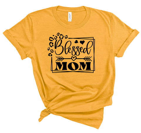 Gold tshirt with Blessed Mom graphic in black