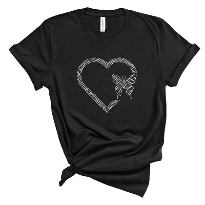 Black t-shirt with a heart and butterfly design on a white background