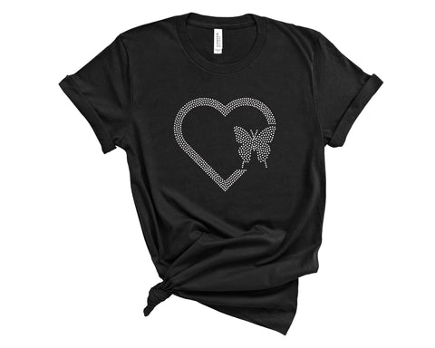 Black t-shirt with a heart and butterfly design on a white background