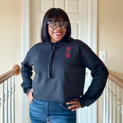 Embroidered Queen of Hearts Cropped Hooded Sweatshirt