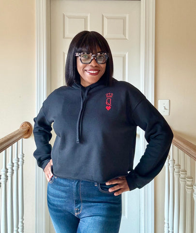 Embroidered Queen of Hearts Cropped Hooded Sweatshirt