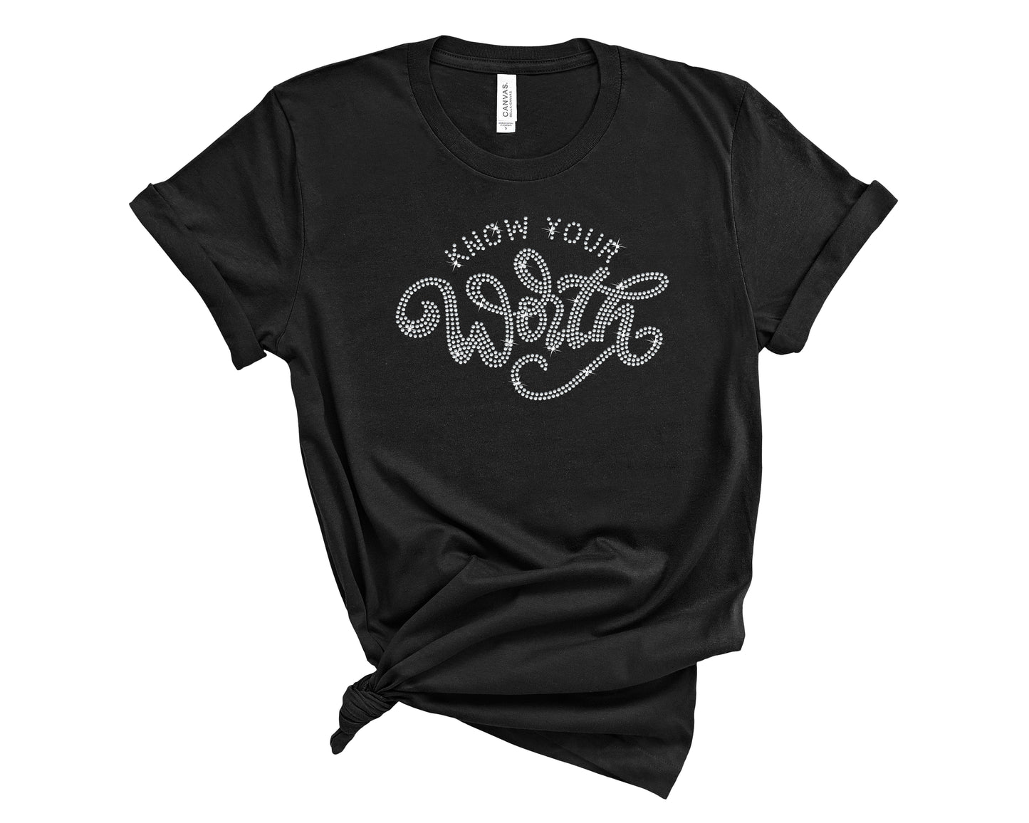Black t-shirt with Know Your Worth in clear rhinestones