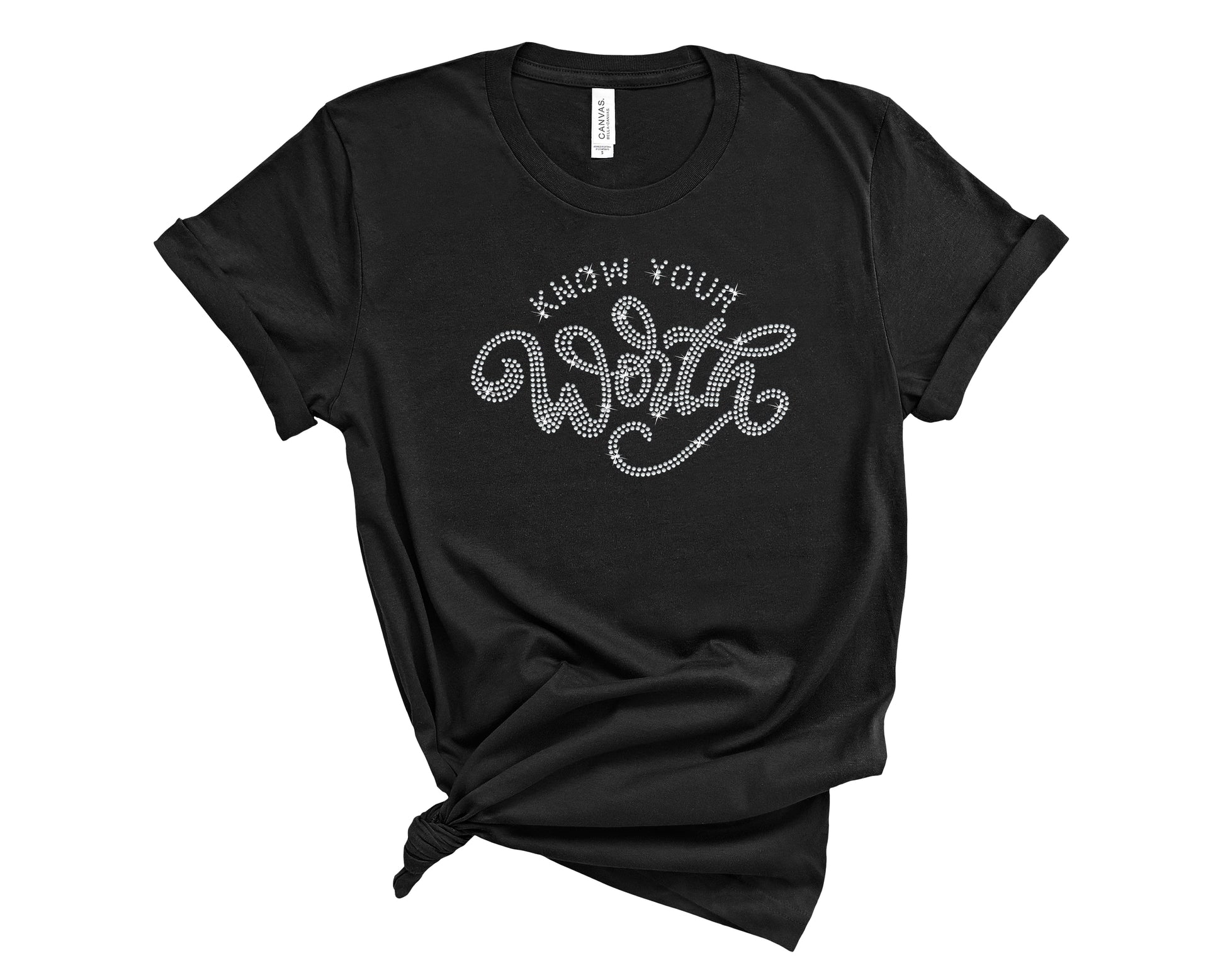 Black t-shirt with Know Your Worth in clear rhinestones