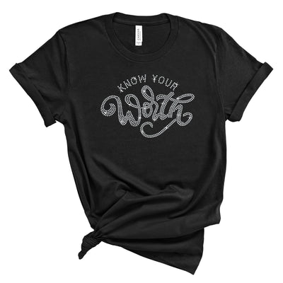 Black t-shirt with Know Your Worth in clear rhinestones